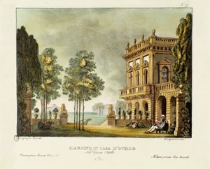 Ansicht von Otellos Garten und Haus. Szenografie für die Oper „Otello“ von Gioacchino Rossini (1816) nach William Shakespeares Stück „Othello oder der Mohr von Venedig“. Lithografie in „Raccolta di invenzioni sceniche del 1830 di Alessandro Sanquirico“ von Alessandro Sanquirico