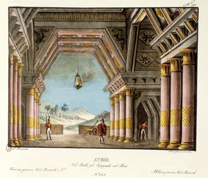 Ansicht eines großen Palastraums. Bühnenbild für das Ballett „Gli spagnoli nel Peru“ von Giovanni Galzerani (1780-1865) (1828). Lithographie in „Raccolta di invenzioni sceniche del 1830“ von Alessandro Sanquirico (1777-1849). Mailand