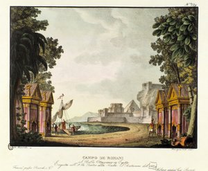 Ansicht des römischen Lagers. Szenografie für das Ballett „Ottaviano in Egitto“ von Giovanni Galzerani (1828). Lithografie in „Raccolta di invenzioni sceniche del 1830 di Alessandro Sanquirico“ von Alessandro Sanquirico