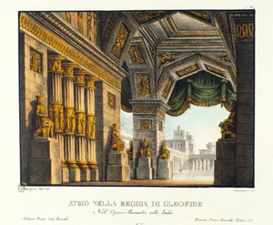 Ansicht des Eingangs zum Königspalast von Cleophis (Cleofide), Geliebte von König Poros, besiegt von Alexander dem Großen Bühnenbild für die Aufführung der Oper „Alessandro Nell
