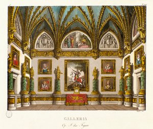 Ansicht der Galerie dekoriert mit Gemälden, Szenografie für die Oper „I due figaro“ von Giuseppe Saverio Raffaele Mercadante, nach dem Stück „The two figaros or the Subject of comedie“ von Honore Francois Richaud von Alessandro Sanquirico