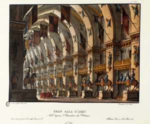 Ansicht des großen Waffensaals. Szenografie für die Aufführung der Oper „I cavalieri di Valenza“ von Giovanni Pacini und Gaetano Rossi (1828). Lithografie in „Raccolta di invenzioni sceniche del 1830 di Alessandro Sanquirico“ von Alessandro Sanquirico