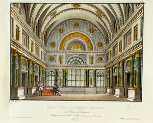 Ansicht des Palastes des Königs von Syrakus, Argirio. Szenografie für die Aufführung der Oper „Tancredi“ von Gioacchino Rossini (1813) nach Voltaires Stück „Tancrede“. Lithografie in „Raccolta di invenzioni sceniche del 1830 di Alessandro Sanquirico“
