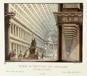 Ansicht des Tempels von Neptun. Szenografie für die Aufführung der lyrischen Tragödie „Didone“ (1783) von Niccolo Vito Piccinni nach der Oper von Metastasio. Lithografie in „Raccolta di invenzioni sceniche del 1830 di Alessandro Sanquirico“ von Alessandro Sanquirico