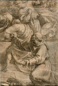 Fragment einer Himmelfahrtsszene (?) mit Aposteln und Franz von Assisi im Vordergrund von Alessandro Turchi