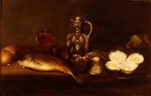 Ein Frühstücksstillleben mit einem Steinkrug, Fisch und Austern von Alexander Andriessen