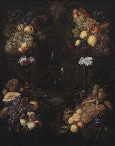Kartusche mit Fruchtgirlanden und einem Weinglas von Alexander Coosemans