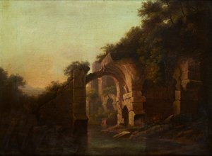 Eine zerstörte Brücke über einen Fluss, Italien