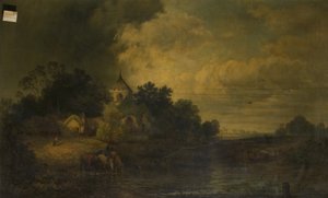 Romantische Landschaft mit trinkenden Pferden