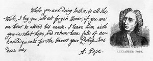Handschrift und Unterschrift von Alexander Pope aus einem Brief an Lord Halifax, in dem er ihn bittet, seine Übersetzung von Homer nicht zu vergessen, die er Lord Halifax vor der Veröffentlichung gegeben hatte, und ihm dankt