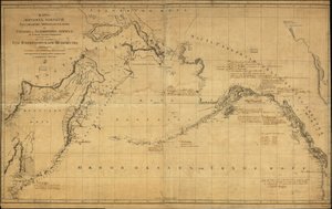 Generalkarte des Nordpazifischen Ozeans, ein kleiner Teil des Arktischen Ozeans nördlich der Beringstraße und die angrenzenden Küstenregionen des russischen Fernen Ostens und Alaskas. Gedruckte Karte zeigt keine spezifisch identifizierten Entdeckungen oder