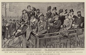 Wie laufen die Wahlen? Passanten schauen auf die Daily Graphic Leiter von Alexander Stuart Boyd