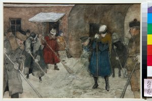 Menschen fegen Schnee auf einer Straße im Winter