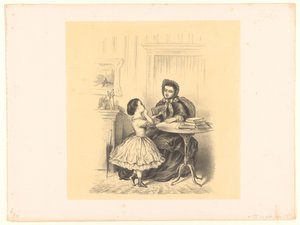 Interieur mit einem Mädchen, das ihrer Mutter ein Buch reicht von Alexander Ver Huell