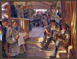 Szene an einer russischen Rekrutierungsstation, wo Männer diskutieren, lesen und Akkordeon spielen.