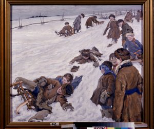 Wintersport. Szene des Rodelns auf einem verschneiten Feld, Kinder in warmer Kleidung haben Spaß und lachen. Gemälde von Alexander Wiktorowitsch Morawow (1878-1951) von Alexander Viktorovich Moravov