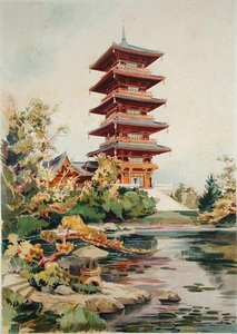 Japanischer Turm im Königlichen Park von Laeken, Belgien, aus Orientalisme et Architecture Contemporaine, graviert von Jules Adolphe Chauvet (geb. 1828)