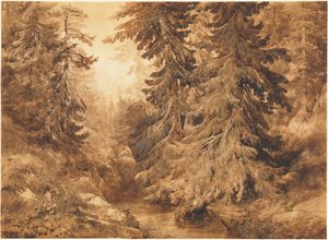 Ein alter Kiefernwald mit einem Gebirgsbach von Alexandre Calame