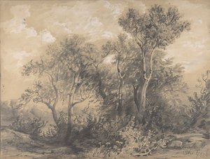 Bäume recto, Soldaten in einem Wald verso, frühes bis mittleres 19. Jahrhundert von Alexandre Calame