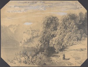 Frau mit einem Hund an einem Bergsee von Alexandre Calame