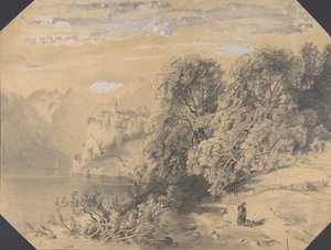 Frau mit Hund an einem Bergsee, frühes bis mittleres 19. Jahrhundert von Alexandre Calame