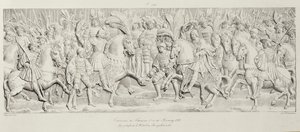 Treffen von Franz I. und Heinrich VIII. auf dem Feld des Goldenen Tuchs, nach dem geschnitzten Steinrelief im Hotel de Bourgtheroulde, Rouen, Normandie, 1501-37, graviert von Godefroy Engelmann von Alexandre Evariste Fragonard