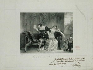 Die Briefszene aus der Oper Der Barbier von Sevilla von Rossini, graviert von Villain de Sevres