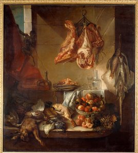 Küchenstillleben mit Wild, Obst und Fleisch. Gemälde von François Desportes (1661-1743), 18. Jahrhundert. Châlons-sur-Marne, Musée des Beaux-Arts von Alexandre Francois Desportes