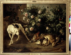 Hund bewacht Wild in der Nähe eines Rosenstrauchs von Alexandre Francois Desportes