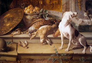 Stillleben Jagdhund, Wild (Hase, Fasan, Rebhuhn) (Detail)