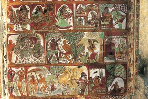 Fresken, die das Leben von Shiva darstellen, im Schrein für Parvati, Nataraya-Tempel, Chidambaram, Tamil Nadu, Indien, 5. Jahrhundert