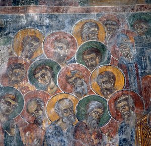 Gruppe von Heiligen, Fresko in der Kirche in Anisaraki bei Kandanos, Kreta, Griechenland