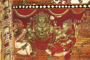 Visnu, Detail aus Fresken, die das Leben von Shiva darstellen, im Schrein für Parvati, Nataraya-Tempel, Chidambaram, Tamil Nadu, Indien, 5. Jahrhundert