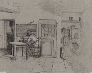 Bauernhausinterieur mit einem Jungen am Tisch, ca. 1846