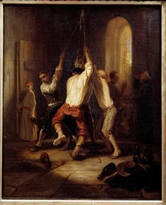 Die Glockenläuter. Männer ziehen am Seil, um die Glocken zu läuten. Gemälde von Alexandre Gabriel Decamps (1803-1860) von Alexandre Gabriel Decamps