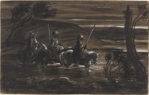 Drei arabische Reiter überqueren einen Fluss von Alexandre Gabriel Decamps