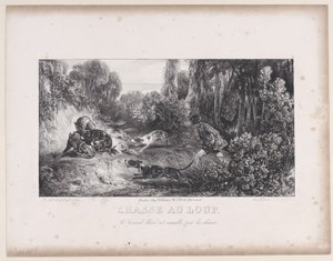 Wolfsjagd: Verwundetes Tier von Hunden angegriffen, aus der Serie Jagdszenen, 1829 von Alexandre Gabriel Decamps