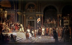 Gottfried von Bouillon wird von Alexios Komnenos, Kaiser von Konstantinopel, im Jahr 1097 empfangen, während der Verteidigung der Stadt gegen die Türken während des 1. Kreuzzugs 1096-1099