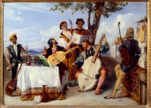 Das venezianische Konzert. Musiker (Cello, Laute, Violine) und Sänger auf einer Terrasse, bedient von einem schwarzen Diener. Gemälde von Alexandre Hesse (1806-1879) 19. Jahrhundert