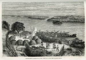 Das Lager befestigt die Expedition, um sich vor den Kannibalen Mouana Ntaba, nahe dem Fluss Leopold (Kongo), zu schützen, Zeichnung von A. De Bar, zur Illustration der Geschichte Durch den geheimnisvollen Kontinent, eine Reise zwischen 1874-1877, von Sir H von Alexandre de (after) Bar