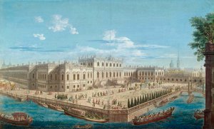 Ansicht des Sommerpalastes von Kaiserin Elisabeth am Fontanka-Fluss in St. Petersburg, 1753 von Alexei Angileevich Grekov
