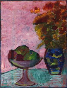 Stillleben mit Obstschale und Blumenvase, ca. 1932 von Alexei Javlensky von