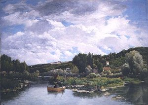 Seelandschaft mit Fischern und Hütten im Hintergrund