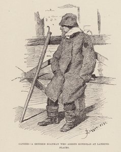 Ganzer, Ein pensionierter Bootsmann, der Gondeln an Landungsplätzen hilft (Gravur) von Alezzandro Zezzos
