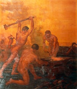 Die Schmiede, linkes Panel des Eisenbahner-Triptychons von Alfonso Quarantelli