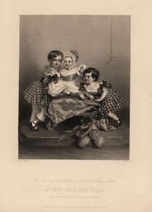 Earl of Dalkeith (William Henry), Henry John und Walter Charles Scott Douglas, Söhne des 5. Duke of Buccleuch, 7. Duke of Queensberry. Zwei Söhne tragen Tartankleider mit Bändern, der jüngste trägt eine Mütze und ein Satinkleid. Stahlstich von H. Cook