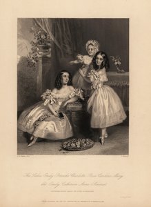Porträt von Emily Blanche Charlotte, Rose Caroline und Emily Catherine Anne Somerset, Töchter von Henry Somerset, 7. Herzog von Beaufort. Drei junge Schwestern mit Locken in Satinkleidern mit Bändern und Spitze, Ballettschuhe. Stahlstich von J. Thomson und