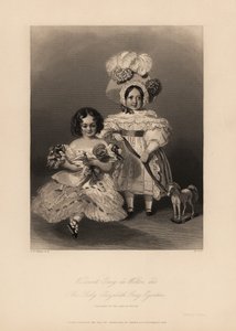 Viscount Grey de Wilton und Elizabeth Grey Egerton, Kinder von Thomas Egerton, 2. Earl of Wilton. Tochter mit Locken und Rüschenkleid, die eine Puppe hält, und Sohn im Kleid und Federhut, der ein Band hält, das an einem Spielzeugpferd befestigt ist. Stahls