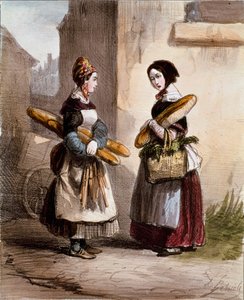 Kleine Berufe: die Bäckerei. Junger wandernder Brothändler. Druck von Alfred Andre Geniole aus Les femmes de Paris 1841-1842 Paris, Musee Carnavalet