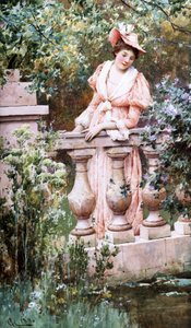 Freizeitmomente. Eine elegante Frau schaut auf ein Becken, gestützt auf eine Balustrade. Sammlung Privée